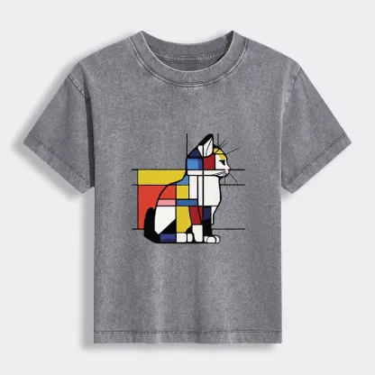 Tokyo-Tiger Geometric Cat Art In Primary Colors Women's Washed T-shirt