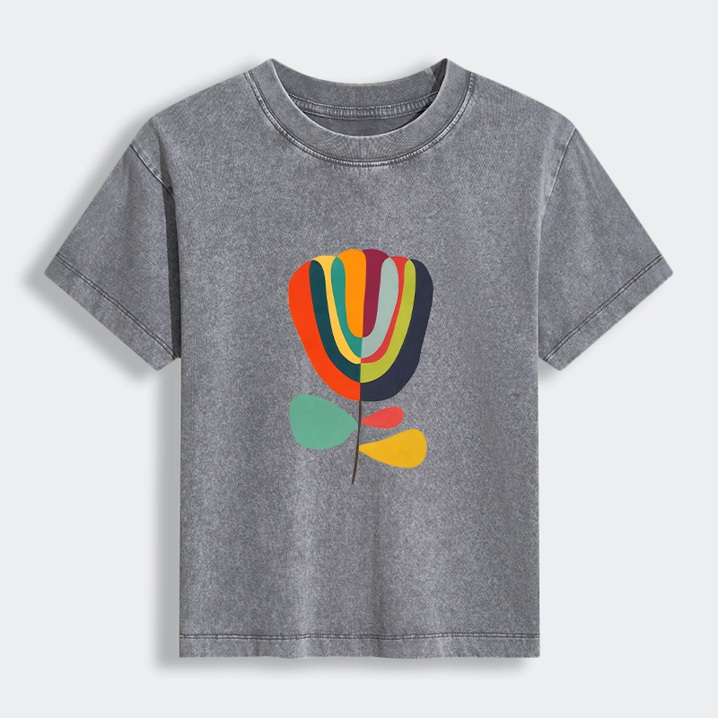 Tokyo-Tiger Colorful Flower Minimalist Print Women's Washed T-shirt