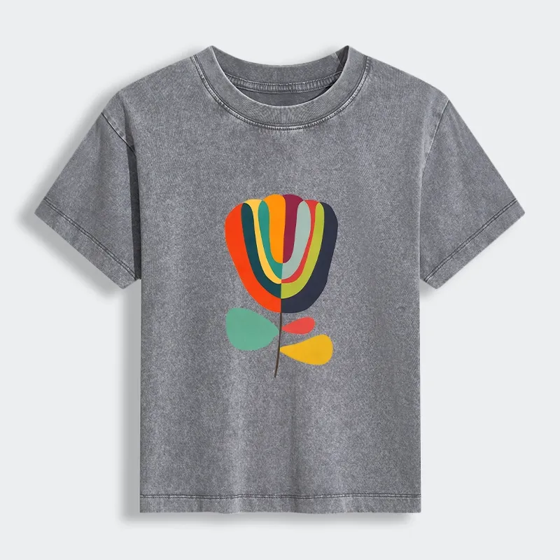 Tokyo-Tiger Colorful Flower Minimalist Print Women's Washed T-shirt