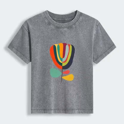 Tokyo-Tiger Colorful Flower Minimalist Print Women's Washed T-shirt