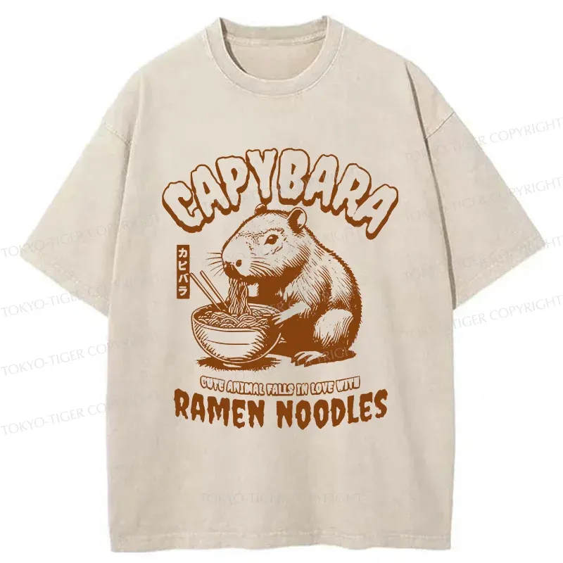 Tokyo-Tiger Retro Capybara Eating Ramen Washed T-Shirt