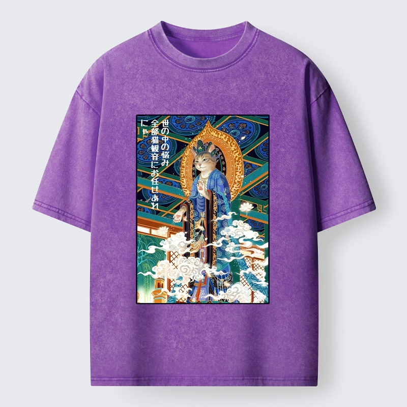 Tokyo-Tiger Peaceful Cat Buddha Asian Graphic Washed T-Shirt