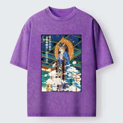Tokyo-Tiger Peaceful Cat Buddha Asian Graphic Washed T-Shirt