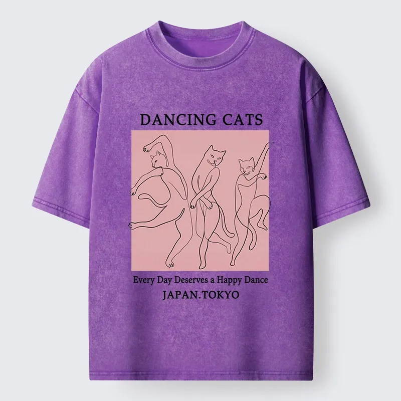 Tokyo-Tiger Happy Dance Cats Minimal Graphic Washed T-Shirt