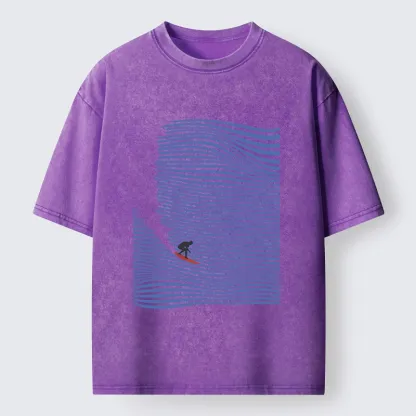 Tokyo-Tiger Ocean Line Surf Graphic Print Washed T-Shirt