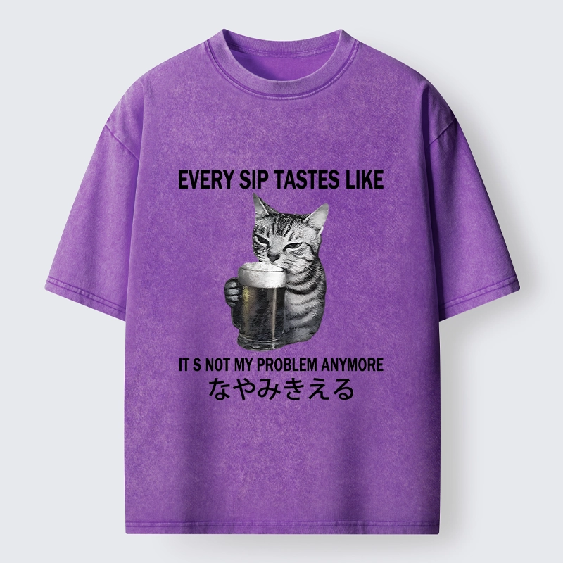 Tokyo-Tiger Chill Beer Cat Relax Graphic Washed T-Shirt
