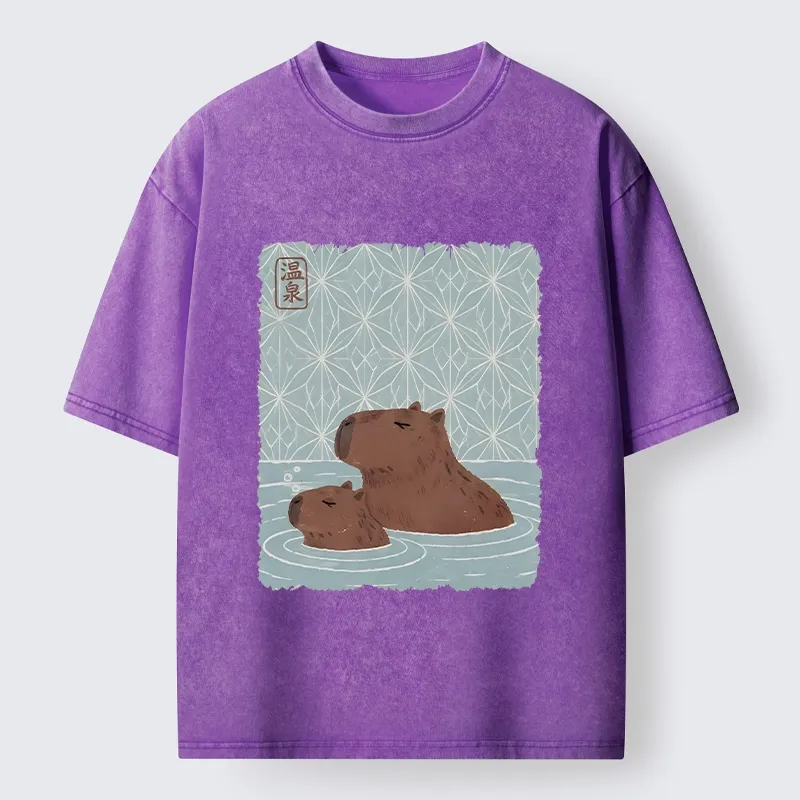 Tokyo-Tiger Onsen Capybara Calming Art Washed T-Shirt