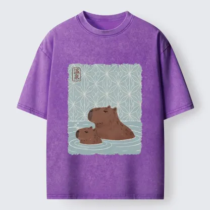 Tokyo-Tiger Onsen Capybara Calming Art Washed T-Shirt