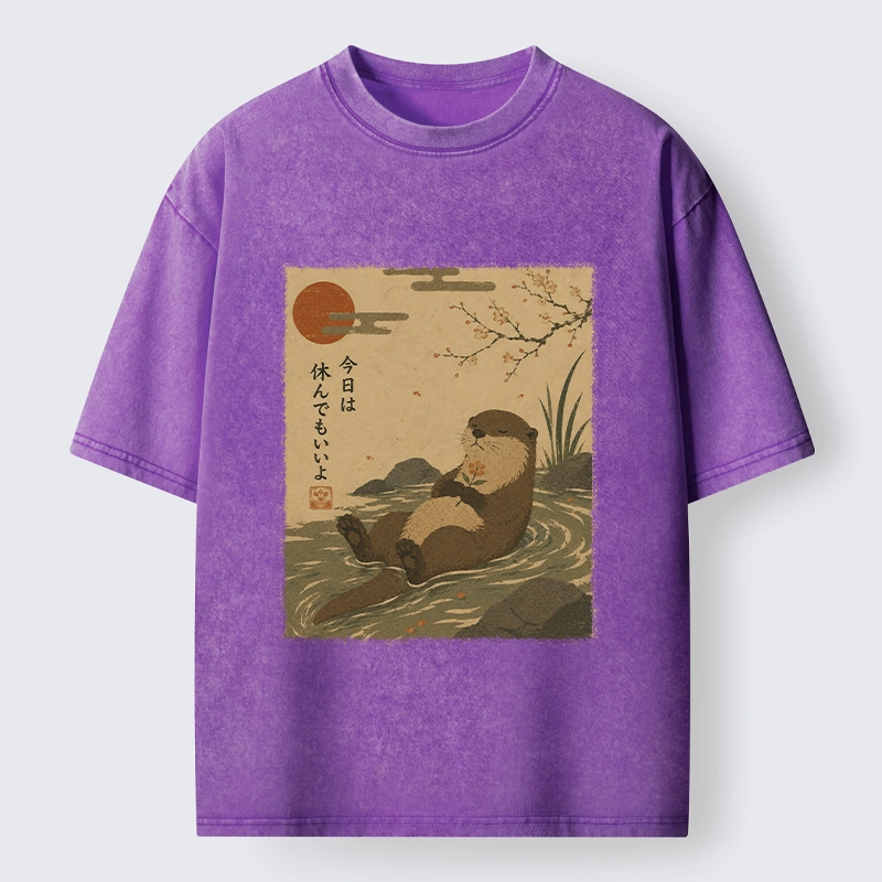 Tokyo-Tiger Floating Otter Relax Japanese Art Washed T-Shirt