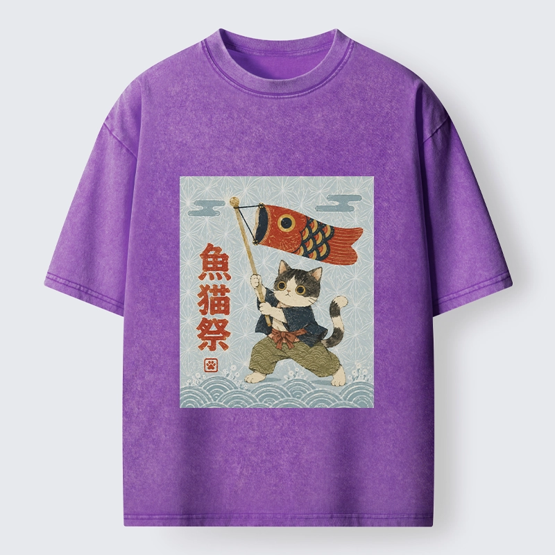 Tokyo-Tiger Koinobori Festival Cat Japanese Print Washed T-Shirt