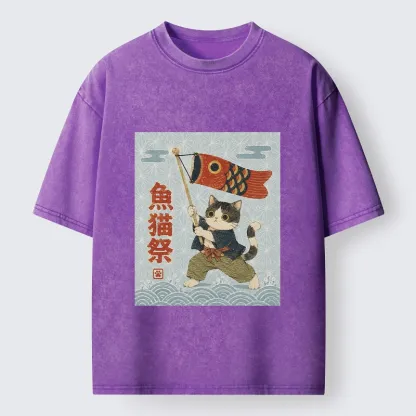 Tokyo-Tiger Koinobori Festival Cat Japanese Print Washed T-Shirt