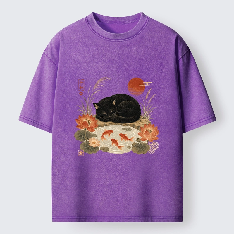 Tokyo-Tiger Peace Lotus Black Cat Koi Art Washed T-Shirt