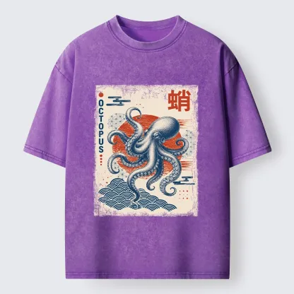 Tokyo-Tiger Vintage Japanese Octopus Wave Art Washed T-Shirt