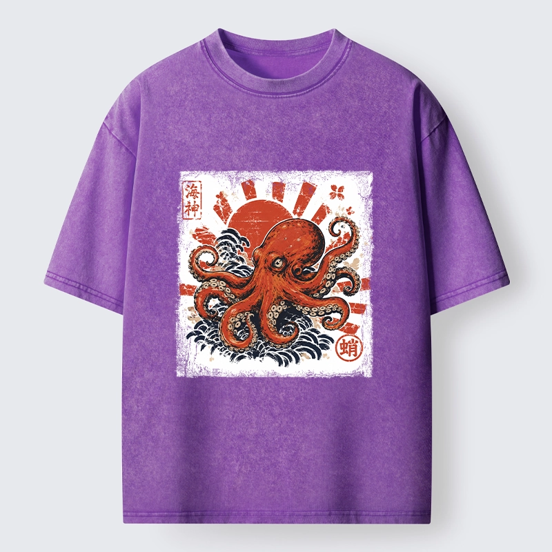 Tokyo-Tiger Bold Red Ocean Octopus Graphic Washed T-Shirt