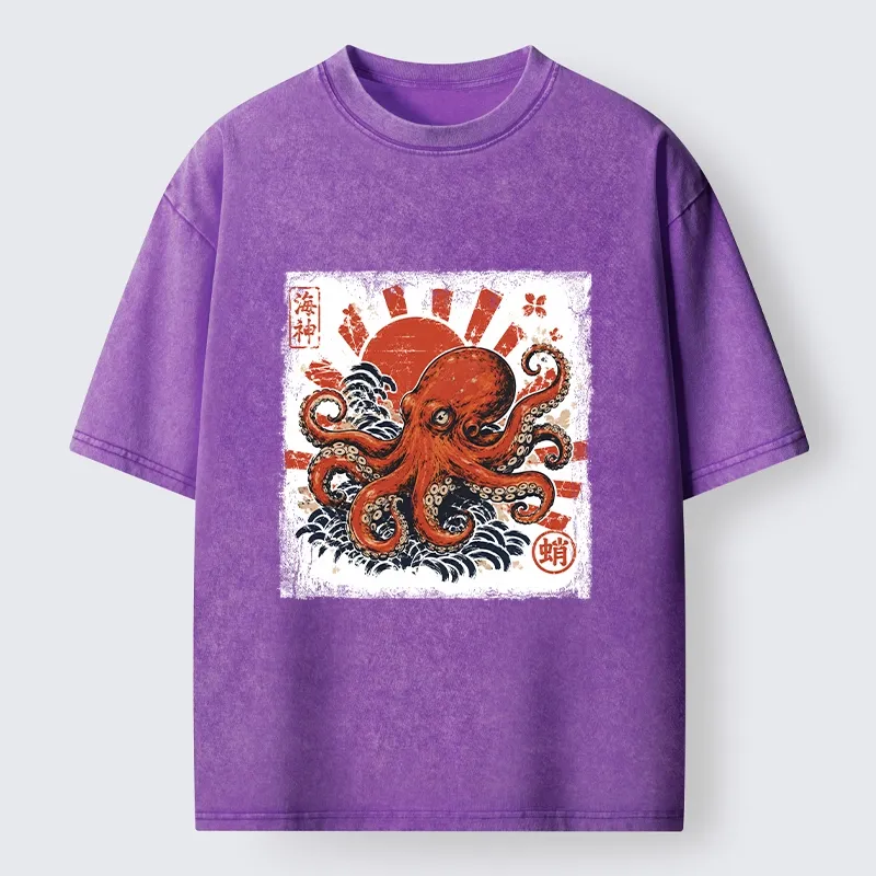 Tokyo-Tiger Bold Red Ocean Octopus Graphic Washed T-Shirt