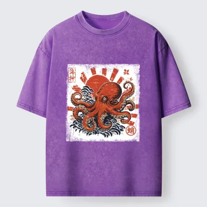 Tokyo-Tiger Bold Red Ocean Octopus Graphic Washed T-Shirt