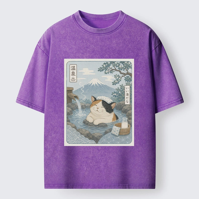 Tokyo-Tiger Mount Fuji Onsen Cat Calming Art Washed T-Shirt
