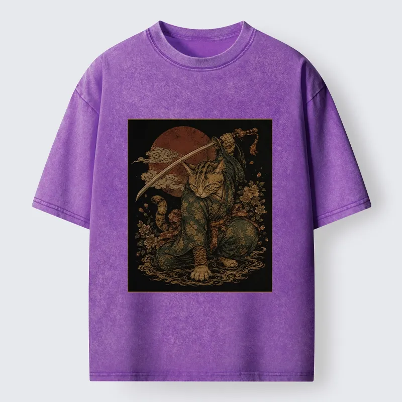 Tokyo-Tiger Samurai Cat Sword Floral Japanese Art Washed T-Shirt