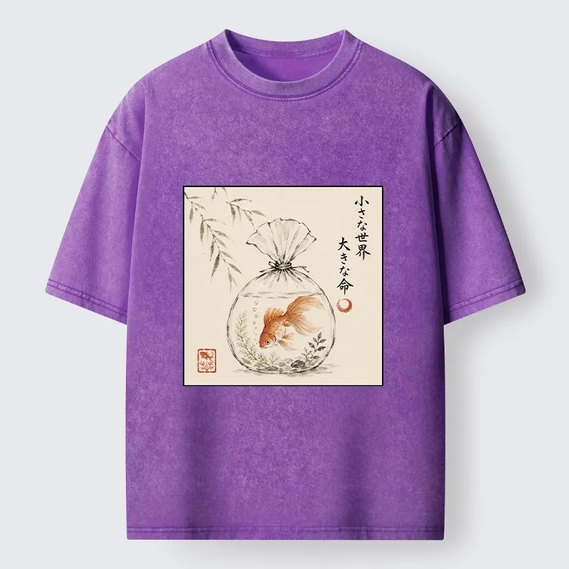 Tokyo-Tiger Goldfish Bag Minimal Ink Art Washed T-Shirt Sale