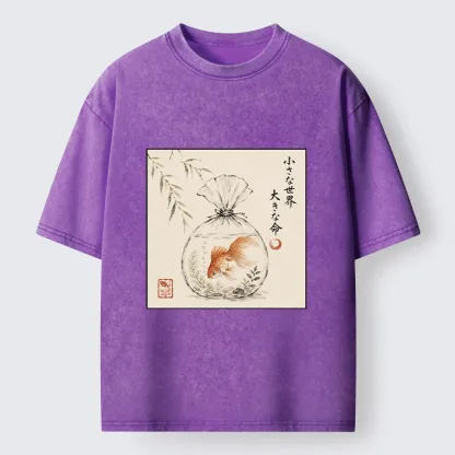 Tokyo-Tiger Goldfish Bag Minimal Ink Art Washed T-Shirt