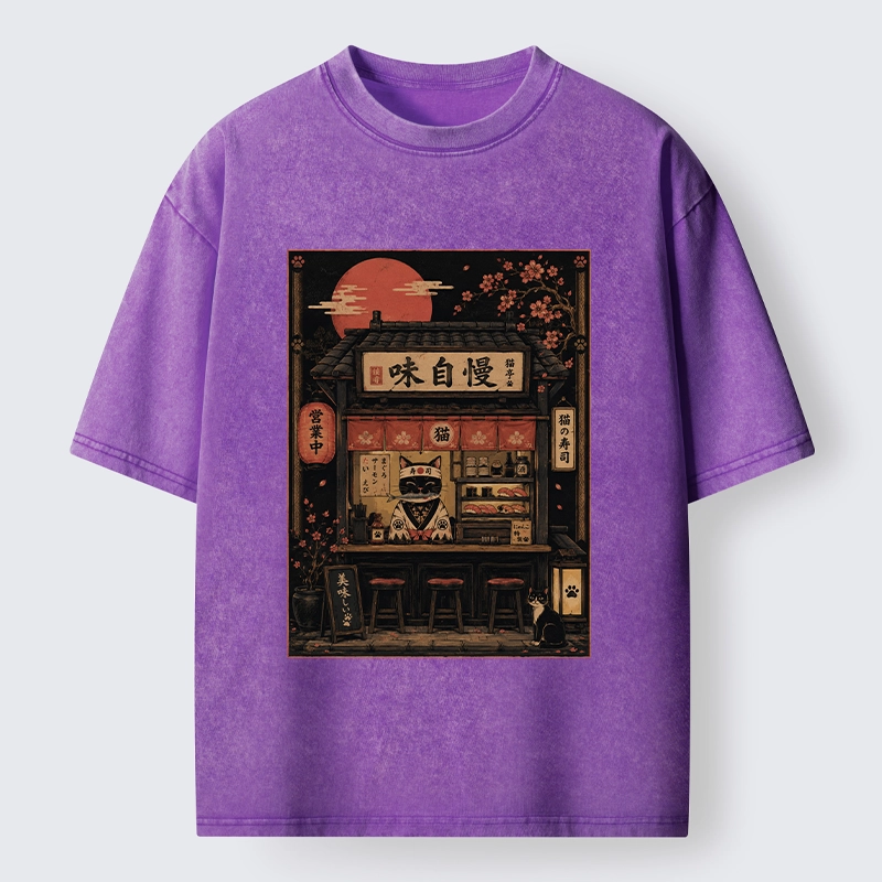Tokyo-Tiger Cat Sushi Shop Retro Street Art Washed T-Shirt
