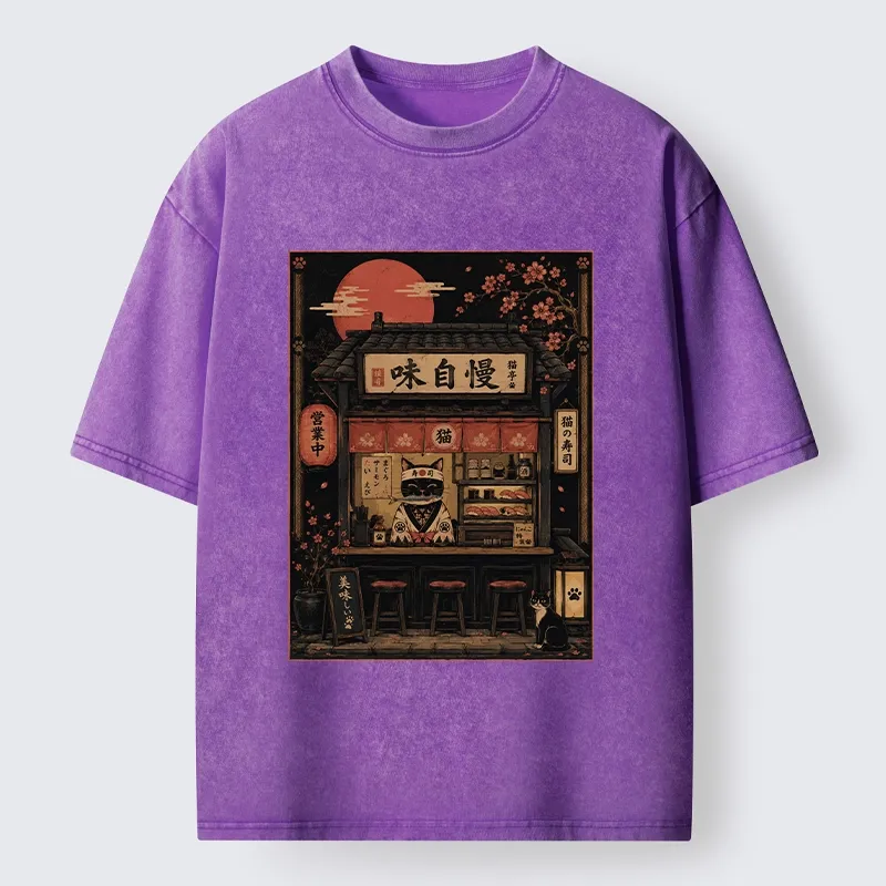 Tokyo-Tiger Cat Sushi Shop Retro Street Art Washed T-Shirt