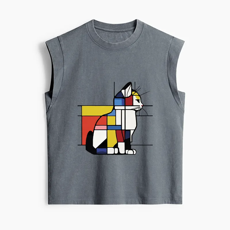 Tokyo-Tiger Geometric Cat Art In Primary Colors Women's Washed Tank Tops