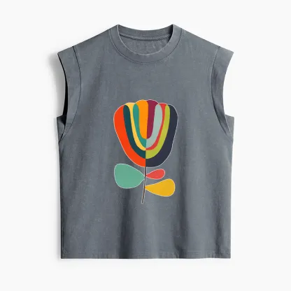 Tokyo-Tiger Colorful Flower Minimalist Print Women's Washed Tank Tops