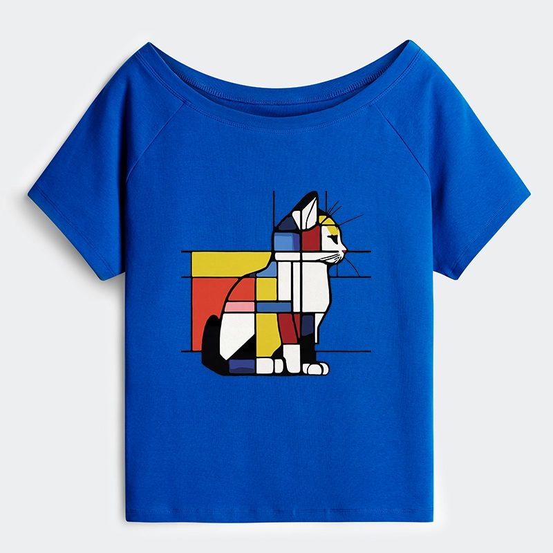 Tokyo-Tiger Geometric Cat Art In Primary Colors Off Shoulder T-Shirt