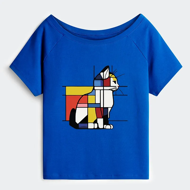 Tokyo-Tiger Geometric Cat Art In Primary Colors Off Shoulder T-Shirt