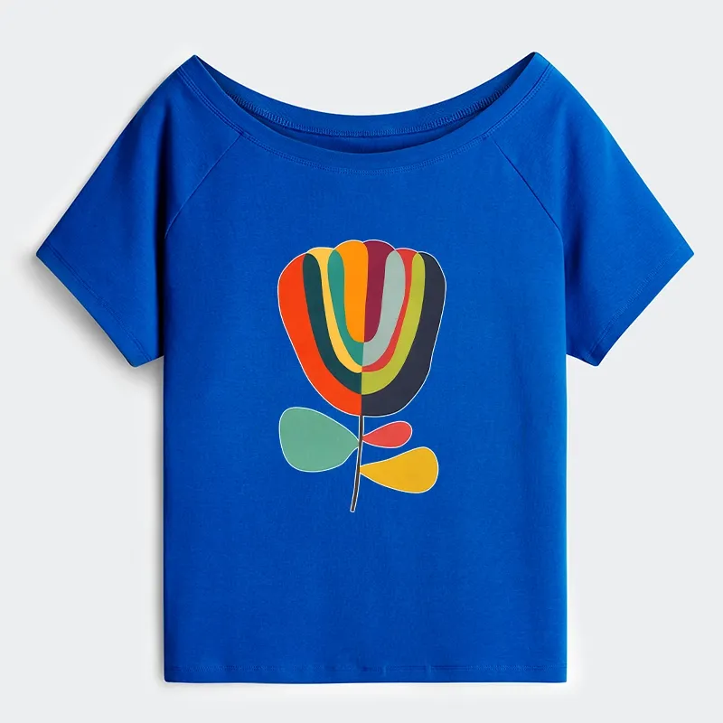 Tokyo-Tiger Colorful Flower Minimalist Print Off Shoulder T-Shirt