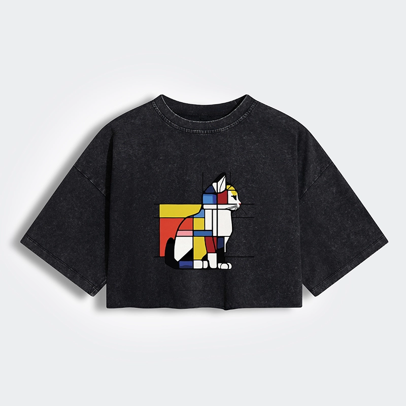 Tokyo-Tiger Geometric Cat Art In Primary Colors Women's Washed Crop T-Shirt