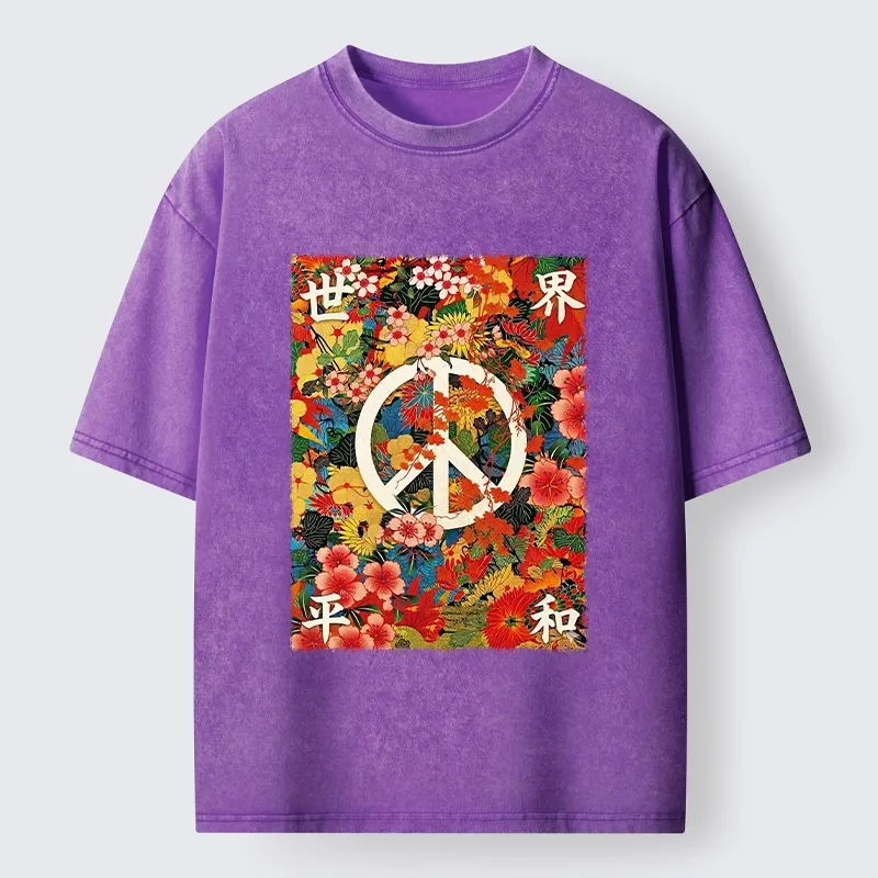Tokyo-Tiger Bright Blooms Bring Global Calm Peace Washed T-Shirt
