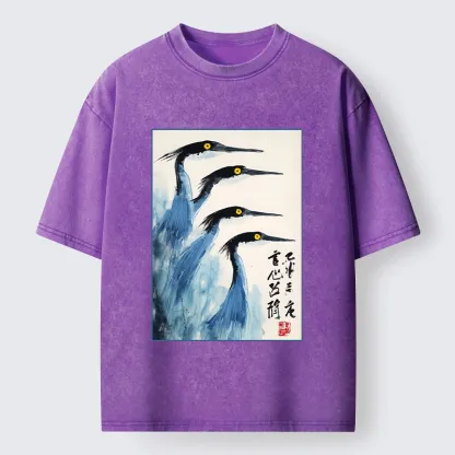 Tokyo-Tiger Brush Strokes Draw Graceful Water Birds Washed T-Shirt