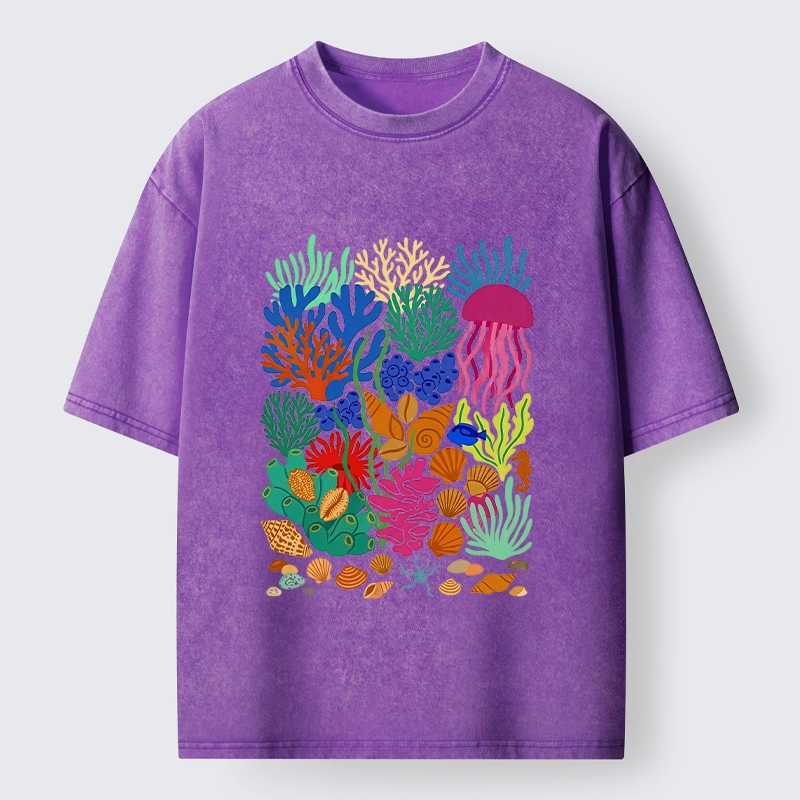 Tokyo-Tiger Bright Sea Garden Full Of Sea Friends Washed T-Shirt