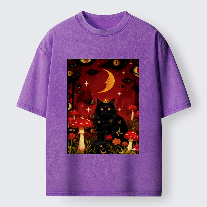 Tokyo-Tiger Mystic Cat Amid Red Spotted Mushrooms Washed T-Shirt