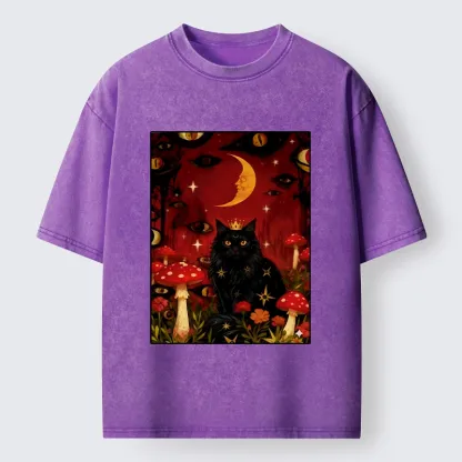 Tokyo-Tiger Mystic Cat Amid Red Spotted Mushrooms Washed T-Shirt