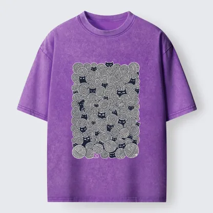 Tokyo-Tiger Tiny Black Cats Hide In Yarn Balls Washed T-Shirt
