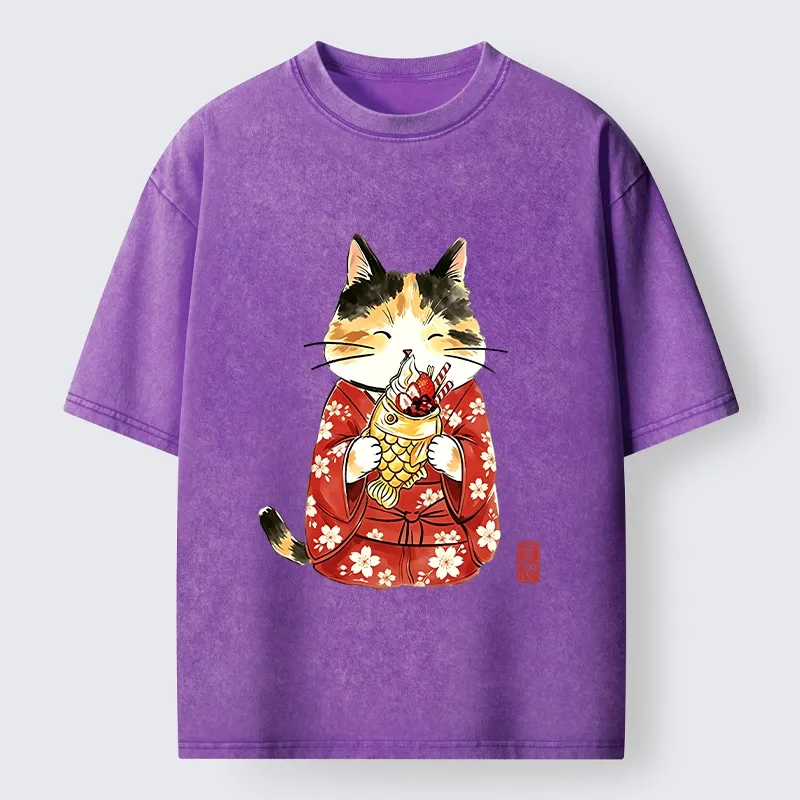 Tokyo-Tiger Enjoying Japanese Taiyaki Washed T-Shirt