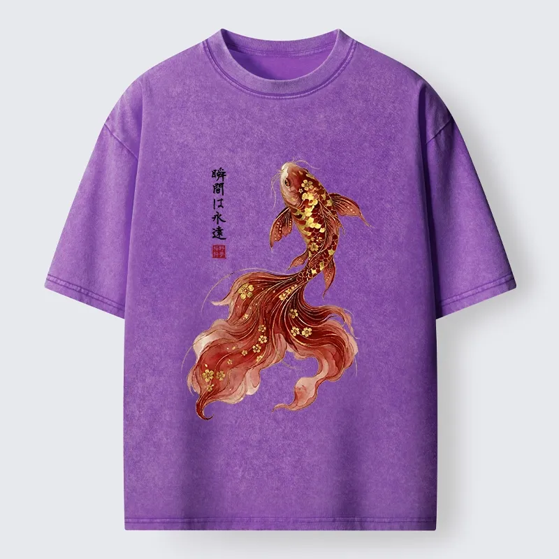 Tokyo-Tiger Golden Sakura Red Koi Ink Art Washed T-Shirt