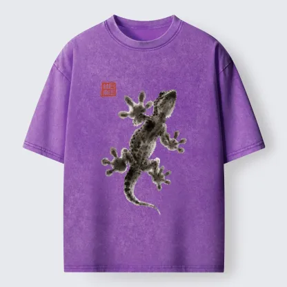 Tokyo-Tiger Minimal Asian Ink Brush Gecko Vibe Washed T-Shirt