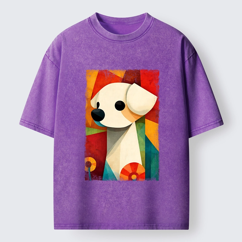 Tokyo-Tiger Retro Abstract Color Block Puppy Art Washed T-Shirt