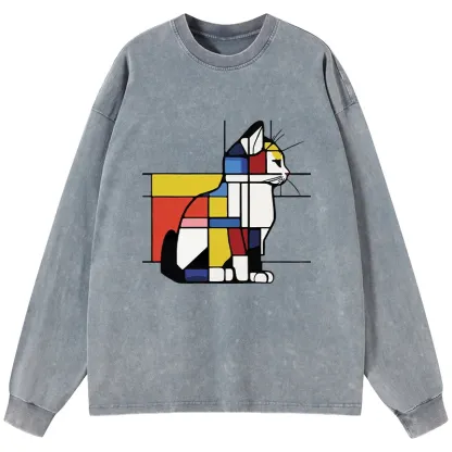 Tokyo-Tiger Geometric Cat Art In Primary Colors Washed Long Sleeve T-Shirt