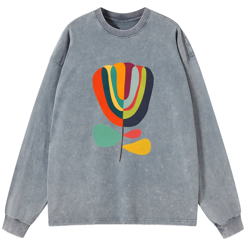 Tokyo-Tiger Colorful Flower Minimalist Print Washed Long Sleeve T-Shirt