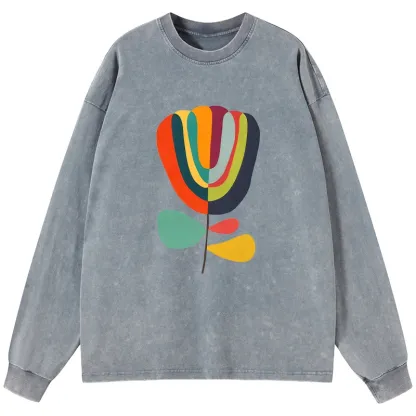 Tokyo-Tiger Colorful Flower Minimalist Print Washed Long Sleeve T-Shirt