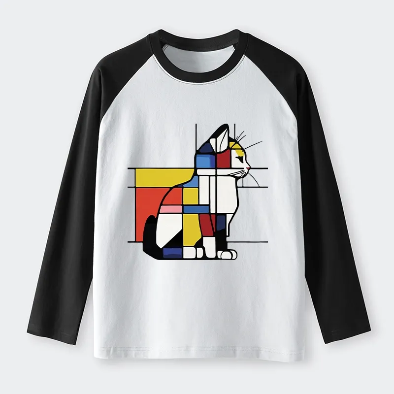Tokyo-Tiger Geometric Cat Art In Primary Colors Raglan Long Sleeve T-shirt
