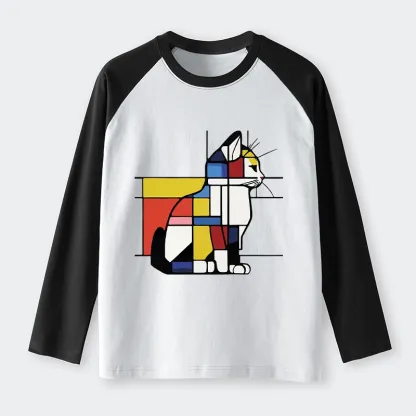 Tokyo-Tiger Geometric Cat Art In Primary Colors Raglan Long Sleeve T-shirt