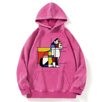 Tokyo-Tiger Geometric Cat Art In Primary Colors Washed Hoodie