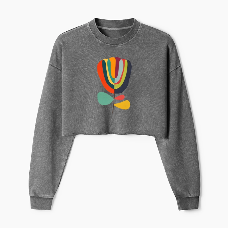Tokyo-Tiger Colorful Flower Minimalist Print Washed Crop Sweatshirt