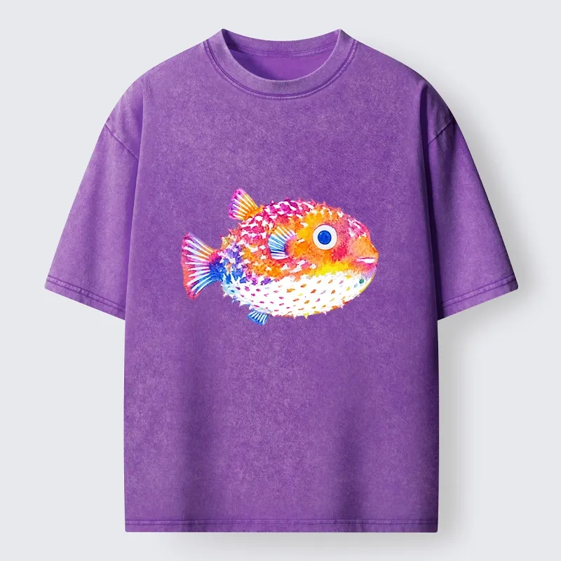 Tokyo-Tiger Rainbow Watercolor Puffer Fish Art Washed T-Shirt